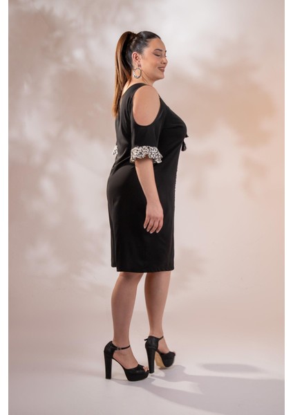 Kadın Büyük Beden Omuz Detaylı Elbise Siyah