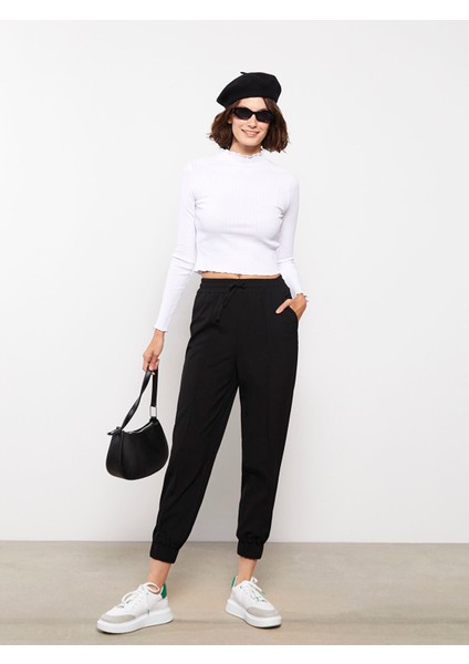 Yeni Sezon Kadın Beli Lastikli Standart Fit Düz Jogger Pantolon