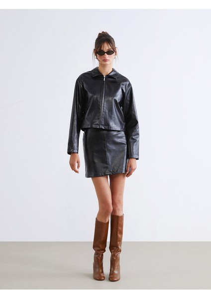 Yeni Sezon Beli Fermuarlı Deri Görünümlü Mini Etek