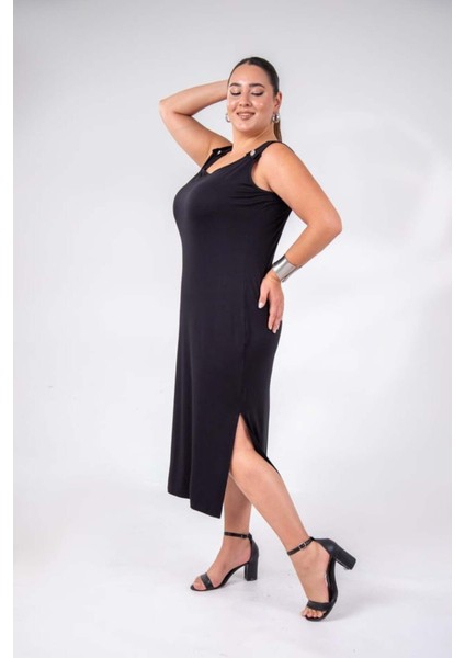 Kadın Büyük Beden 1111087 Kolsuz Düğmeli Elbise Siyah modelleri