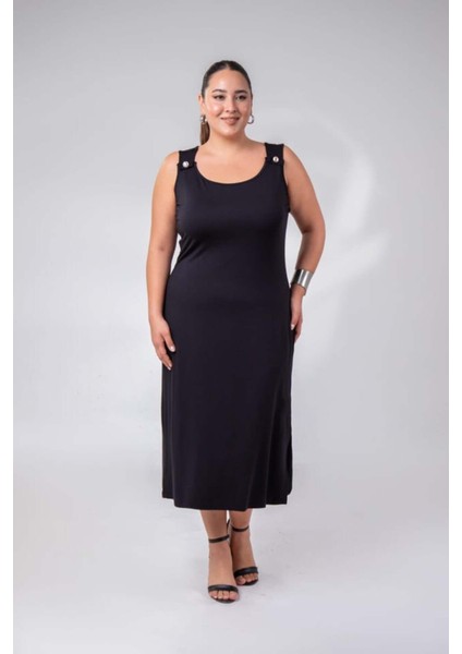 Kadın Büyük Beden 1111087 Kolsuz Düğmeli Elbise Siyah fırsatları