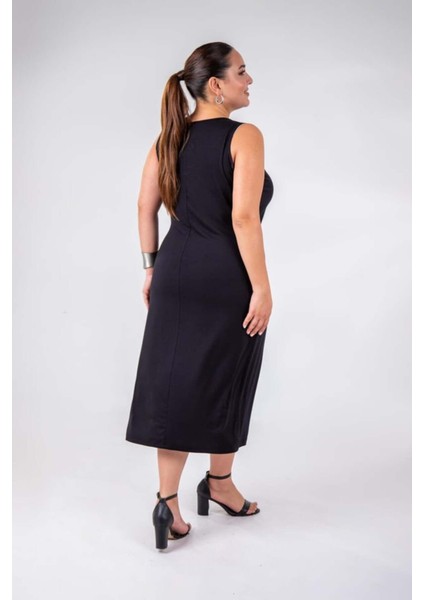 Kadın Büyük Beden 1111087 Kolsuz Düğmeli Elbise Siyah indirimleri