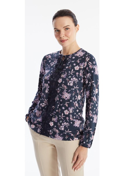 Yeni Sezon Bağlamalı Yaka Desenli Uzun Kollu Kadın Bluz