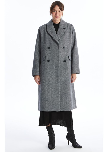 Yeni Sezon Ceket Yaka Desenli Kadın Kaşe Kaban