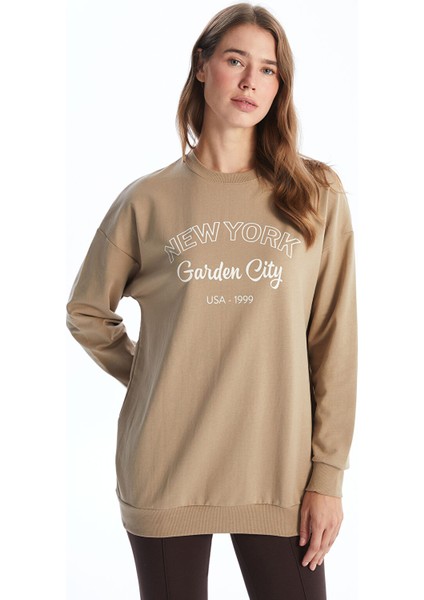 Yeni Sezon Bisiklet Yaka Baskılı Kadın Sweatshirt Tunik