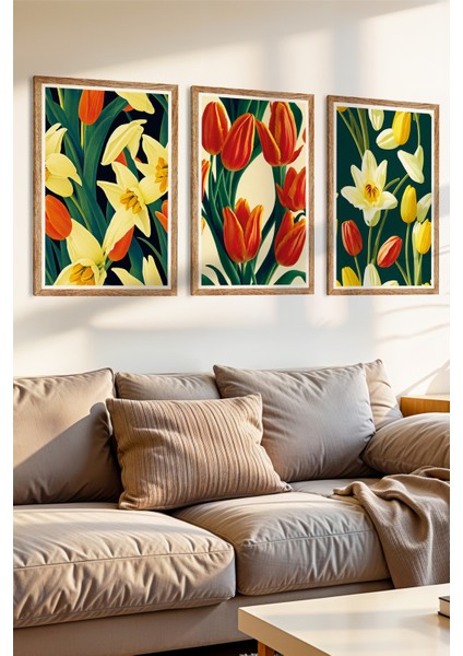 3 Parça Baharın Renkleri Temalı Ahşap Çerçeve Görünümlü Mdf Tablo Seti