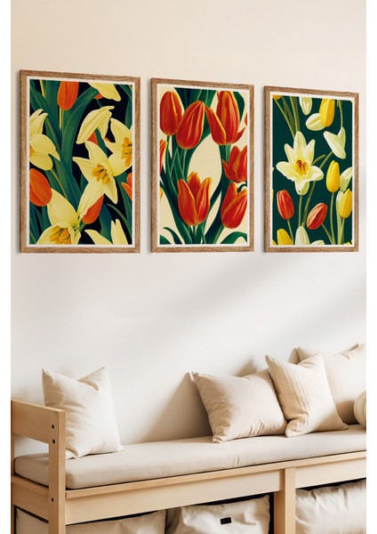 3 Parça Baharın Renkleri Temalı Ahşap Çerçeve Görünümlü Mdf Tablo Seti fiyatları