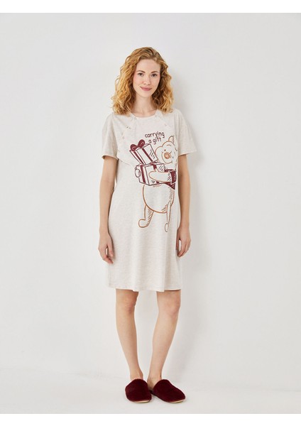 Yeni Sezon Bisiklet Yaka Winnie The Pooh Baskılı Hamile Gecelik