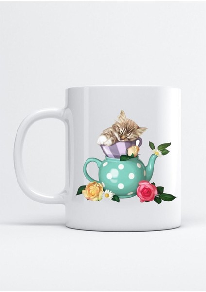Fincan ve Kedi Baskılı Porselen Kupa Bardak