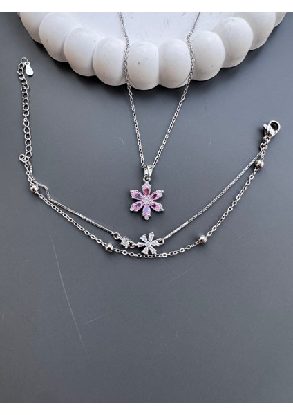 Çiçek Kolye Bileklik Seti Çelik