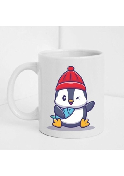 Beyaz Sevimli Balıkçı Penguen Figürlü Baskılı Kupa