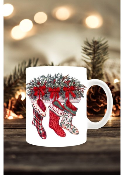Yeni Yıl Konseptli Noel Çorapları Baskılı Kupa Bardak