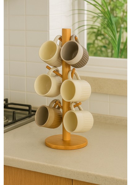 Bambu 6’lı Bardak Askılığı – Doğal ve Şık Bambu Bardak Standı (15x35 cm)
