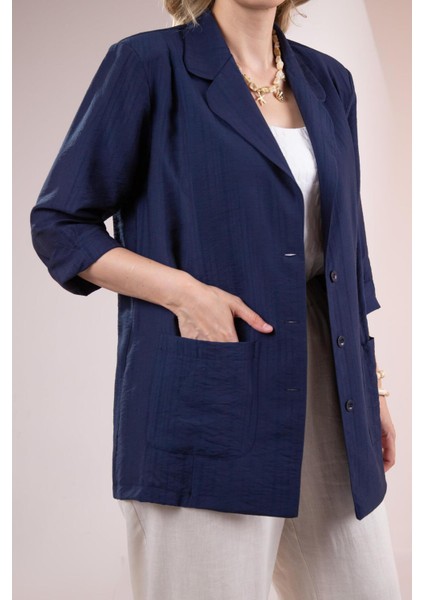 Kadın Büyük Beden Cepli Lacivert Ceket