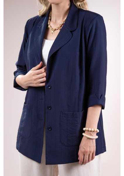 Kadın Büyük Beden Cepli Lacivert Ceket