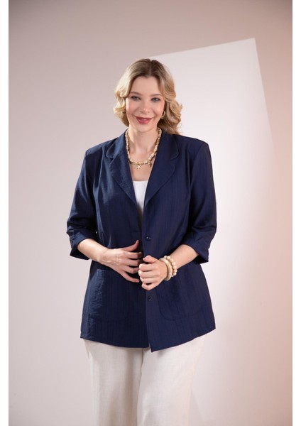 Kadın Büyük Beden Cepli Lacivert Ceket