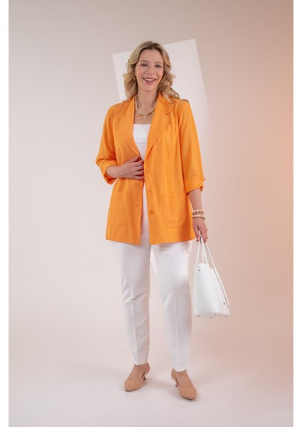 Kadın Büyük Beden Cepli Turuncu Ceket