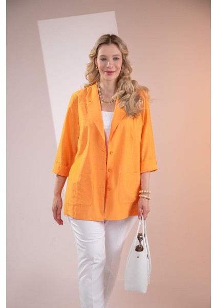 Kadın Büyük Beden Cepli Turuncu Ceket