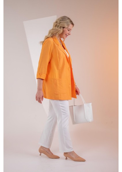 Kadın Büyük Beden Cepli Turuncu Ceket