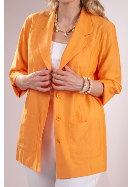 Kadın Büyük Beden Cepli Turuncu Ceket