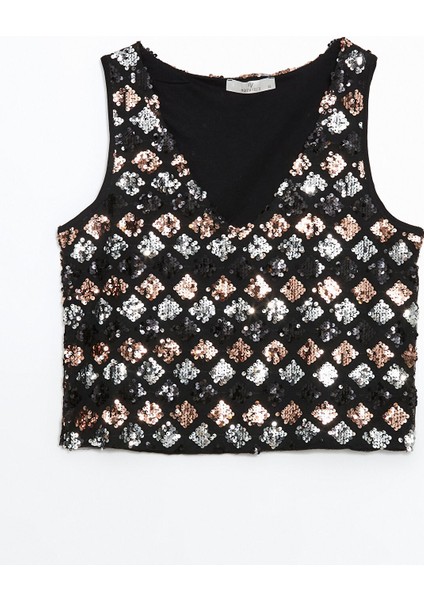 Yeni Sezon V Yaka Pul Işlemeli Kadın Crop Bluz indirimleri