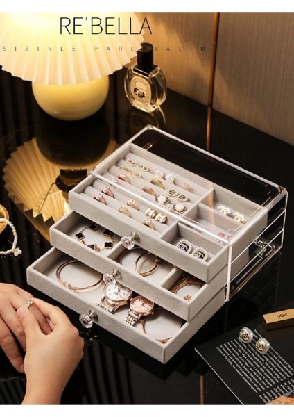 3 Çekmeceli Bölmeli Şeffaf Takı Kutusu | Mücevher Saklama Kutusu | Gri Renk Seçeneği 13X23X10