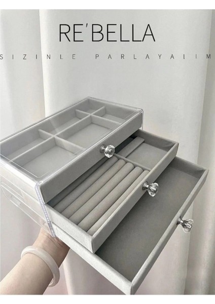 3 Çekmeceli Bölmeli Şeffaf Takı Kutusu | Mücevher Saklama Kutusu | Gri Renk Seçeneği 13X23X10 fiyatları