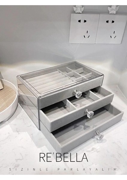 3 Çekmeceli Bölmeli Şeffaf Takı Kutusu | Mücevher Saklama Kutusu | Gri Renk Seçeneği 13X23X10 modelleri