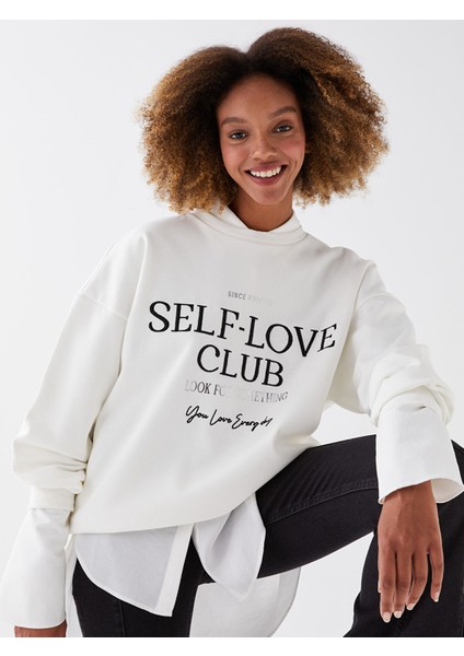 Yeni Sezon Bisiklet Yaka Baskılı Uzun Kollu Kadın Sweatshirt