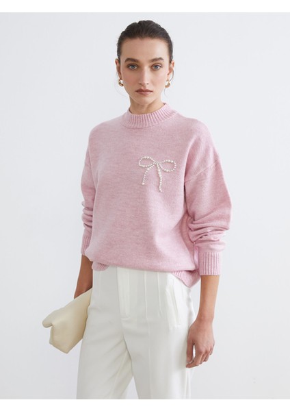 Yeni Sezon Bisiklet Yaka Boncuk Işlemeli Kadın Triko Kazak