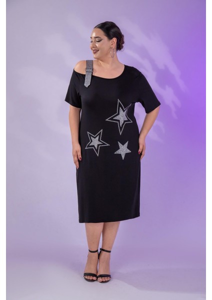 Kadın 1111058 Yıldız Taşlı Abiye Elbise Siyah
