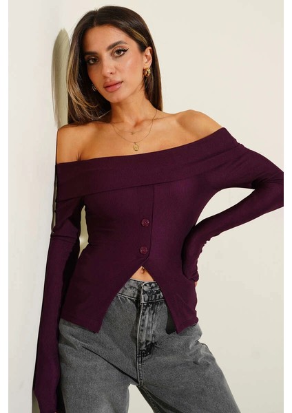 Sptrns Madonna Yaka Düğmeli Bluz Mürdüm T4329 (Beden: Xl)