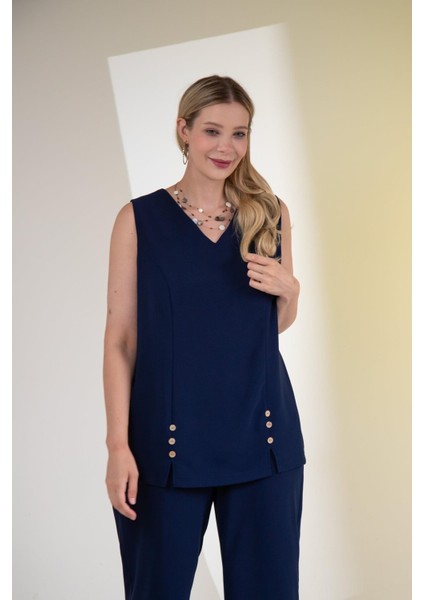 Kadın Büyük Beden V Yaka Düğmeli 2'li Takım Lacivert Yeşil