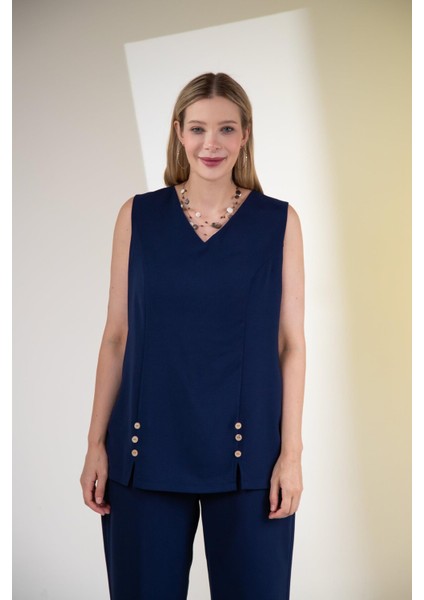 Kadın Büyük Beden V Yaka Düğmeli 2'li Takım Lacivert Yeşil fiyatları