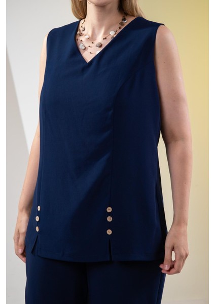 Kadın Büyük Beden V Yaka Düğmeli 2'li Takım Lacivert Yeşil modelleri