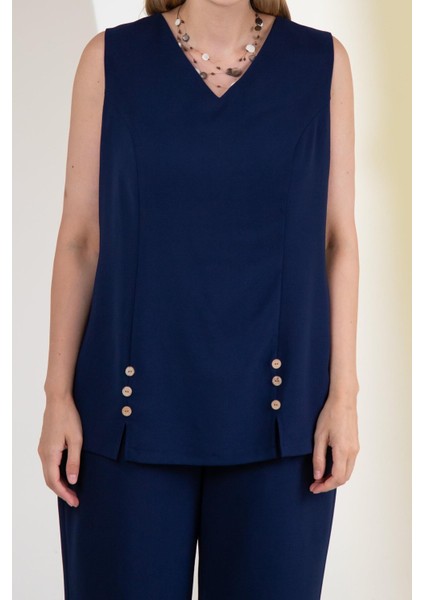 Kadın Büyük Beden V Yaka Düğmeli 2'li Takım Lacivert Yeşil indirimleri