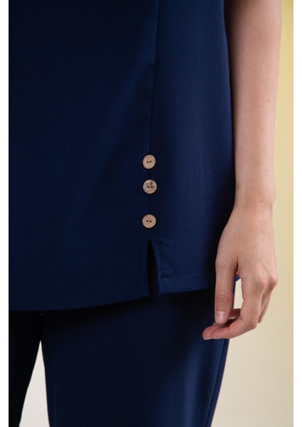 Kadın Büyük Beden V Yaka Düğmeli 2'li Takım Lacivert Yeşil