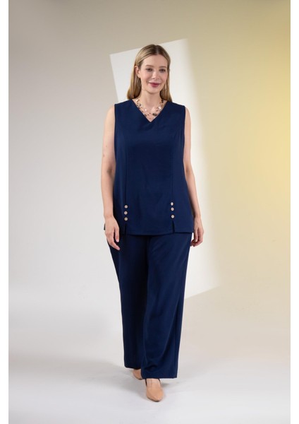 Kadın Büyük Beden V Yaka Düğmeli 2'li Takım Lacivert Yeşil