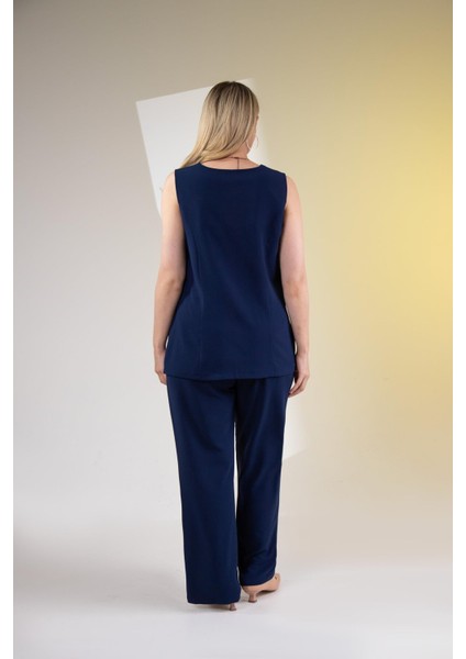 Kadın Büyük Beden V Yaka Düğmeli 2'li Takım Lacivert Yeşil