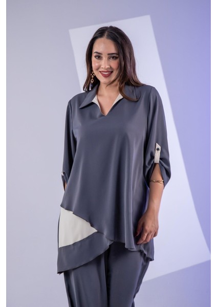 Kadın Büyük Beden Asimetrik Tunik 2'li Takım Füme