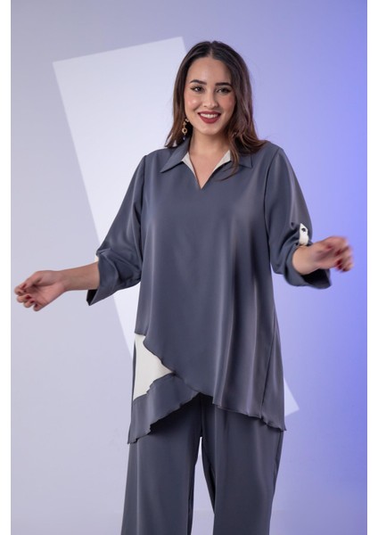 Kadın Büyük Beden Asimetrik Tunik 2'li Takım Füme modelleri