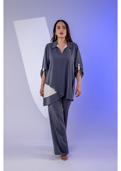 Kadın Büyük Beden Asimetrik Tunik 2'li Takım Füme indirimleri