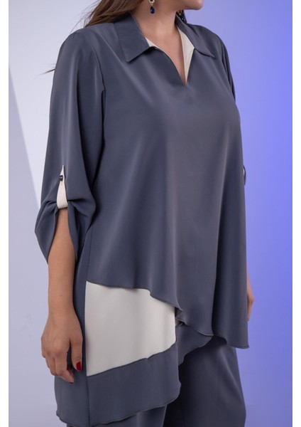 Kadın Büyük Beden Asimetrik Tunik 2'li Takım Füme