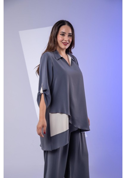 Kadın Büyük Beden Asimetrik Tunik 2'li Takım Füme