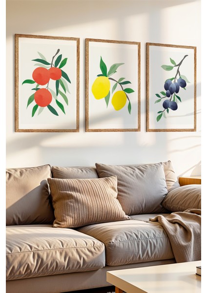 3 Parça Meyve Bahçesi ve Doğa Temalı Ahşap Çerçeve Görünümlü Mdf Tablo Seti