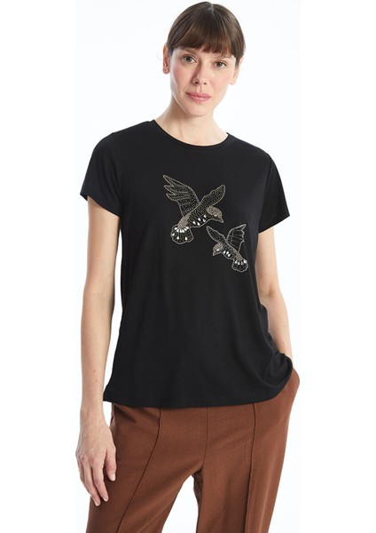 Yeni Sezon Bisiklet Yaka Parlak Taşlı Kısa Kollu Kadın Bluz