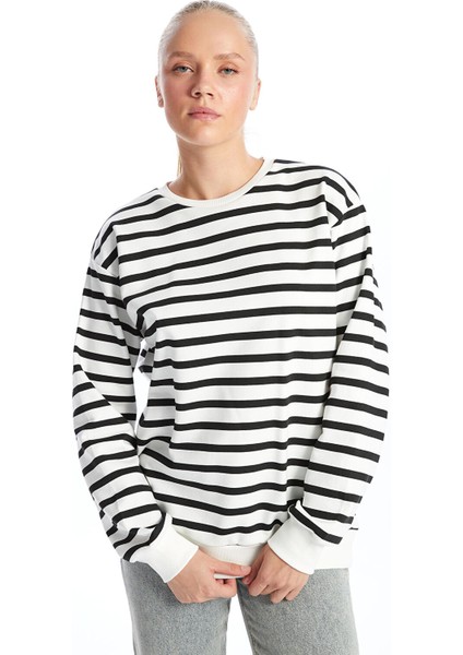 Yeni Sezon Bisiklet Yaka Çizgili Oversize Kadın Kalın Sweatshirt