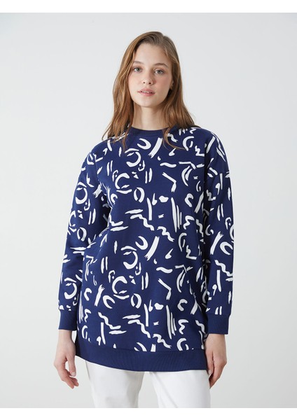 Yeni Sezon Bisiklet Yaka Desenli Kadın Sweatshirt Tunik