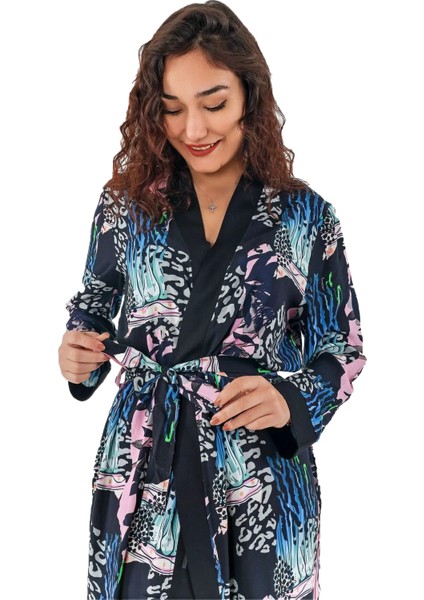 Kadın Lacivert Desenli Sabahlık (Büyük Beden Seçeneğiyle) modelleri