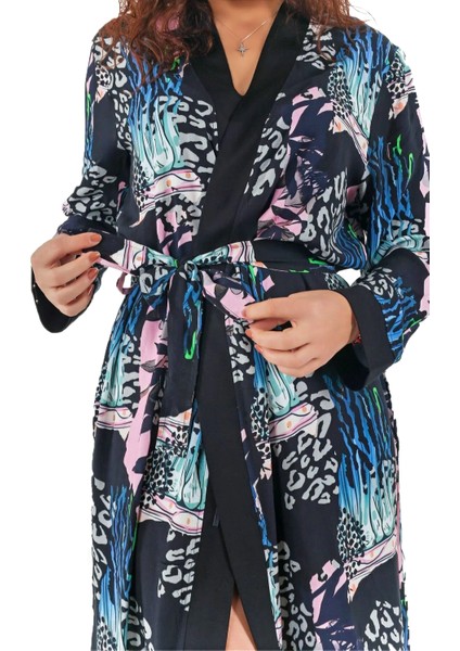 Kadın Lacivert Desenli Sabahlık (Büyük Beden Seçeneğiyle) indirimleri